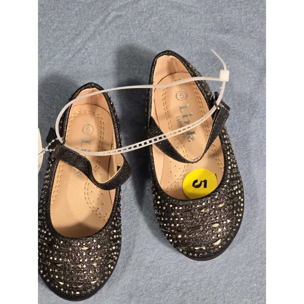 Link Comfort Girls Embellished Black Sparkly Rhinestone Mary Jane Ballet Flats 5
